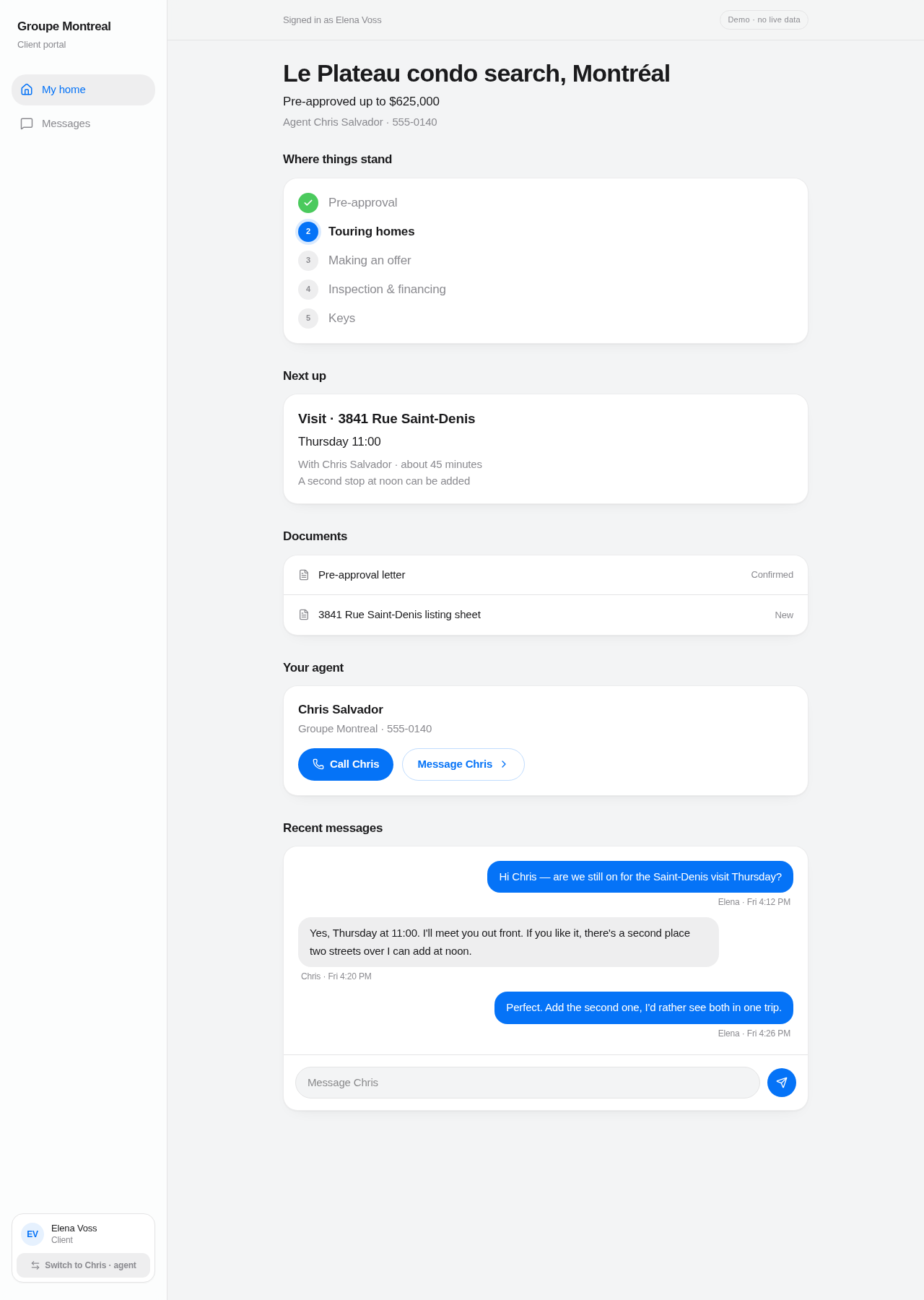 RealEstate OS client person page showing a buyer's deal progress, documents, and direct messaging