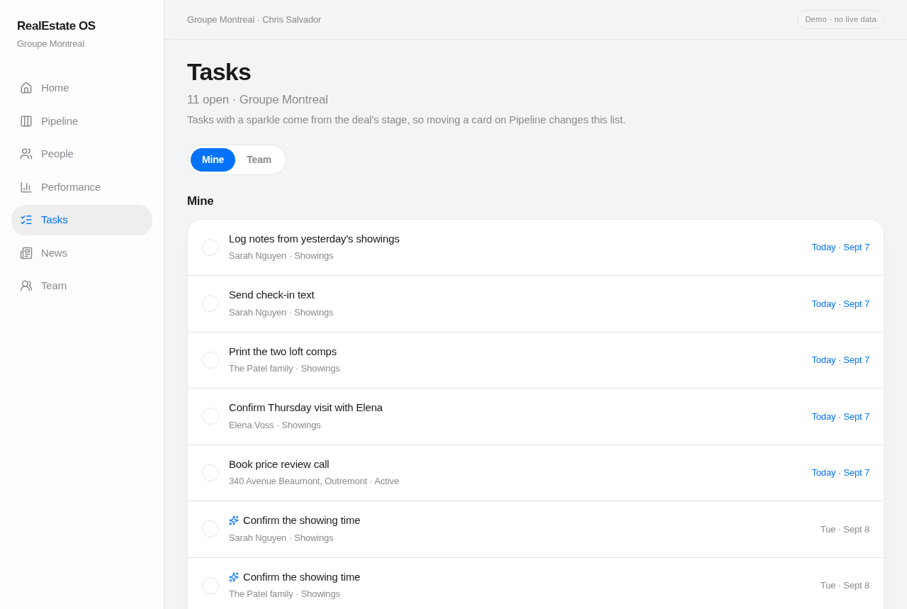 RealEstate OS shared tasks view showing a single list of follow-ups and deal-related tasks