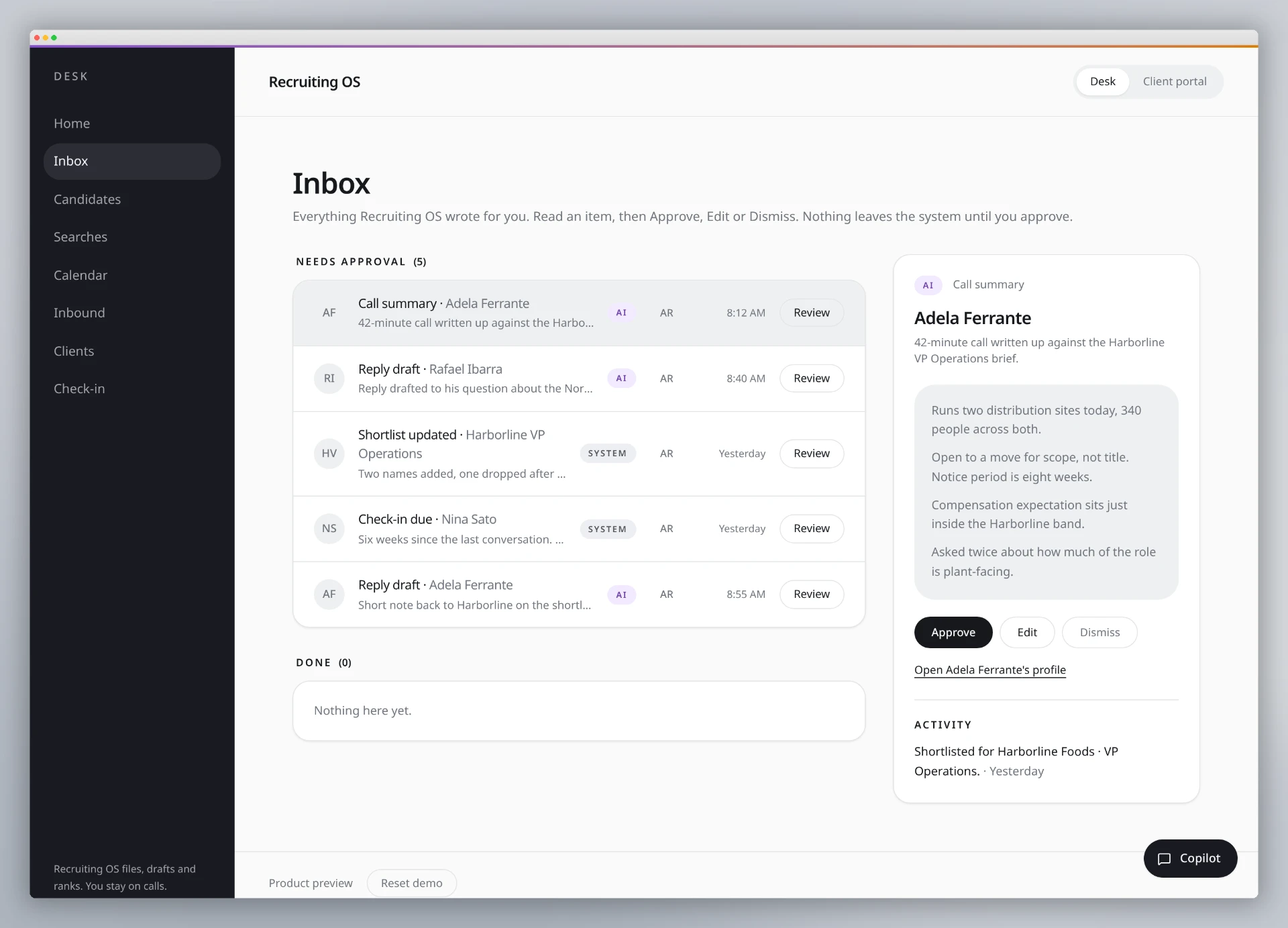 Recruiting OS inbox showing items needing approval and a candidate call summary panel