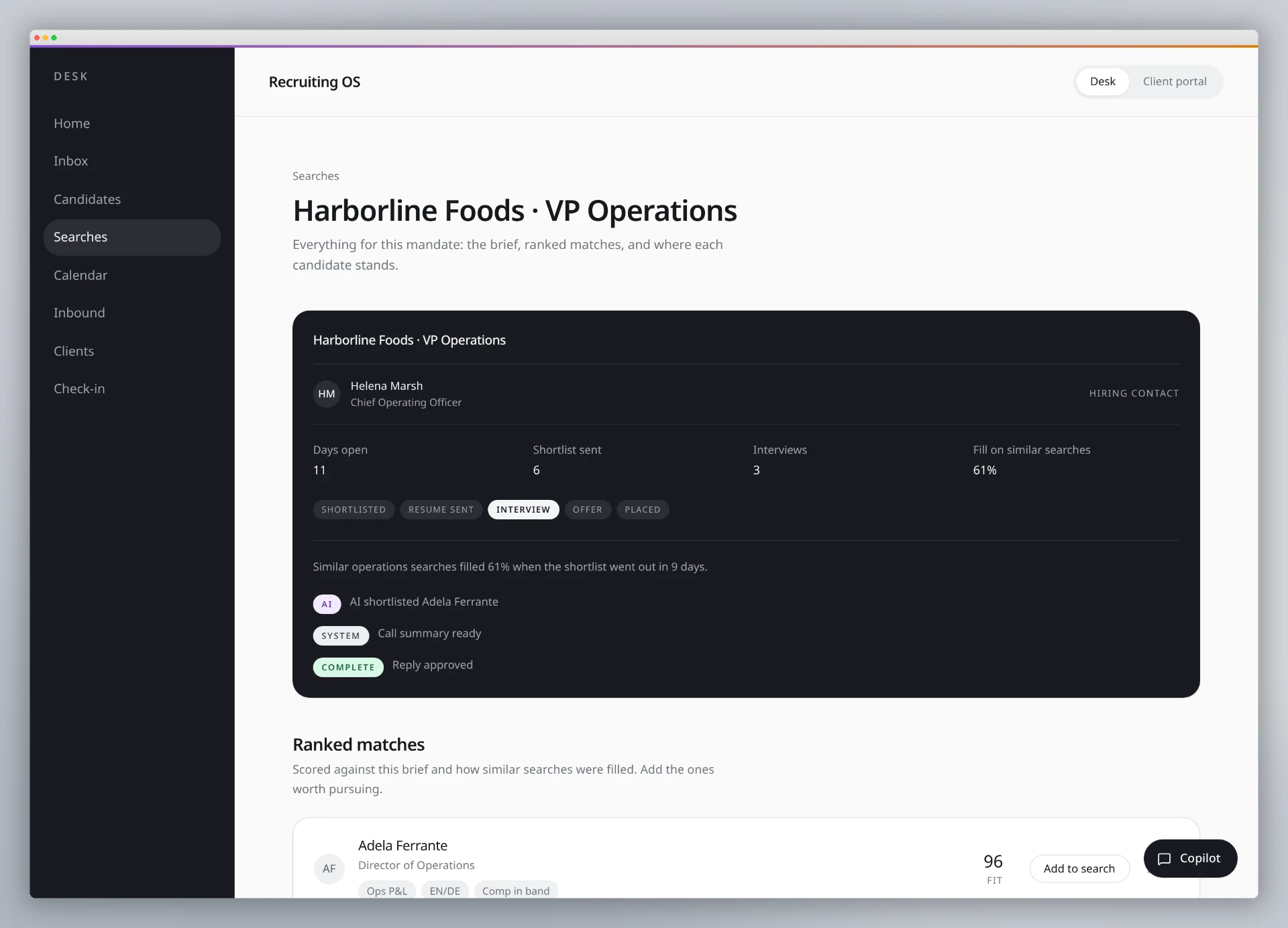 Recruiting OS white-label search board showing ranked candidates and client-ready branding
