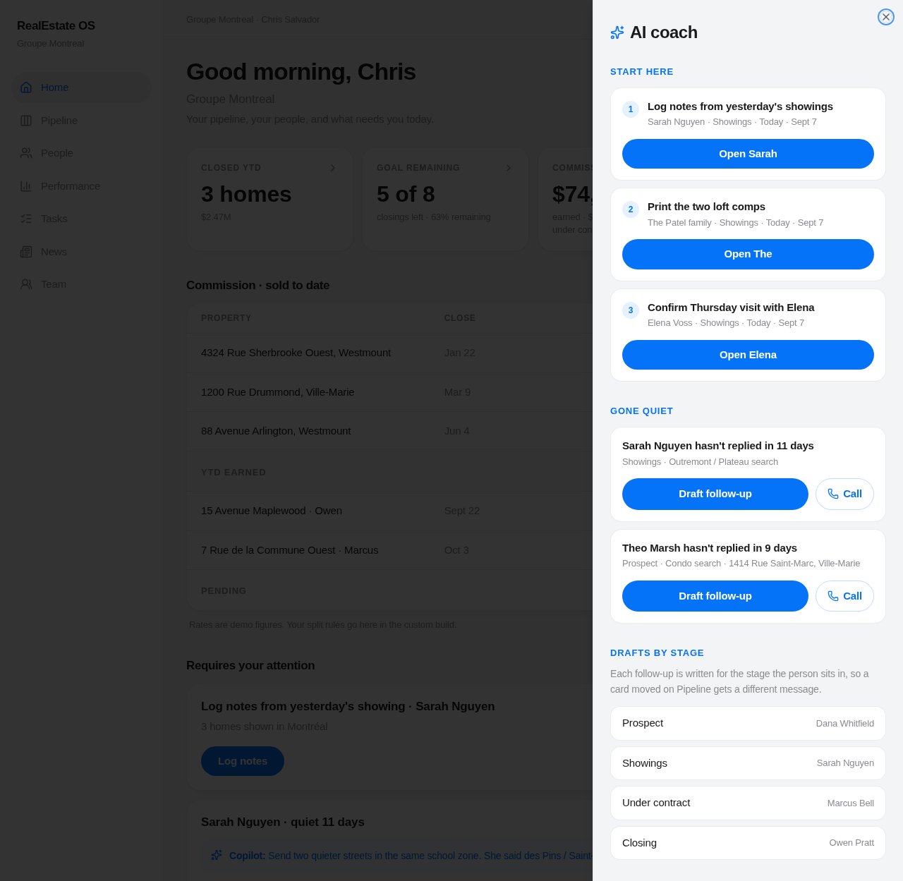 RealEstate OS AI coach panel showing deal insights and recommended next actions